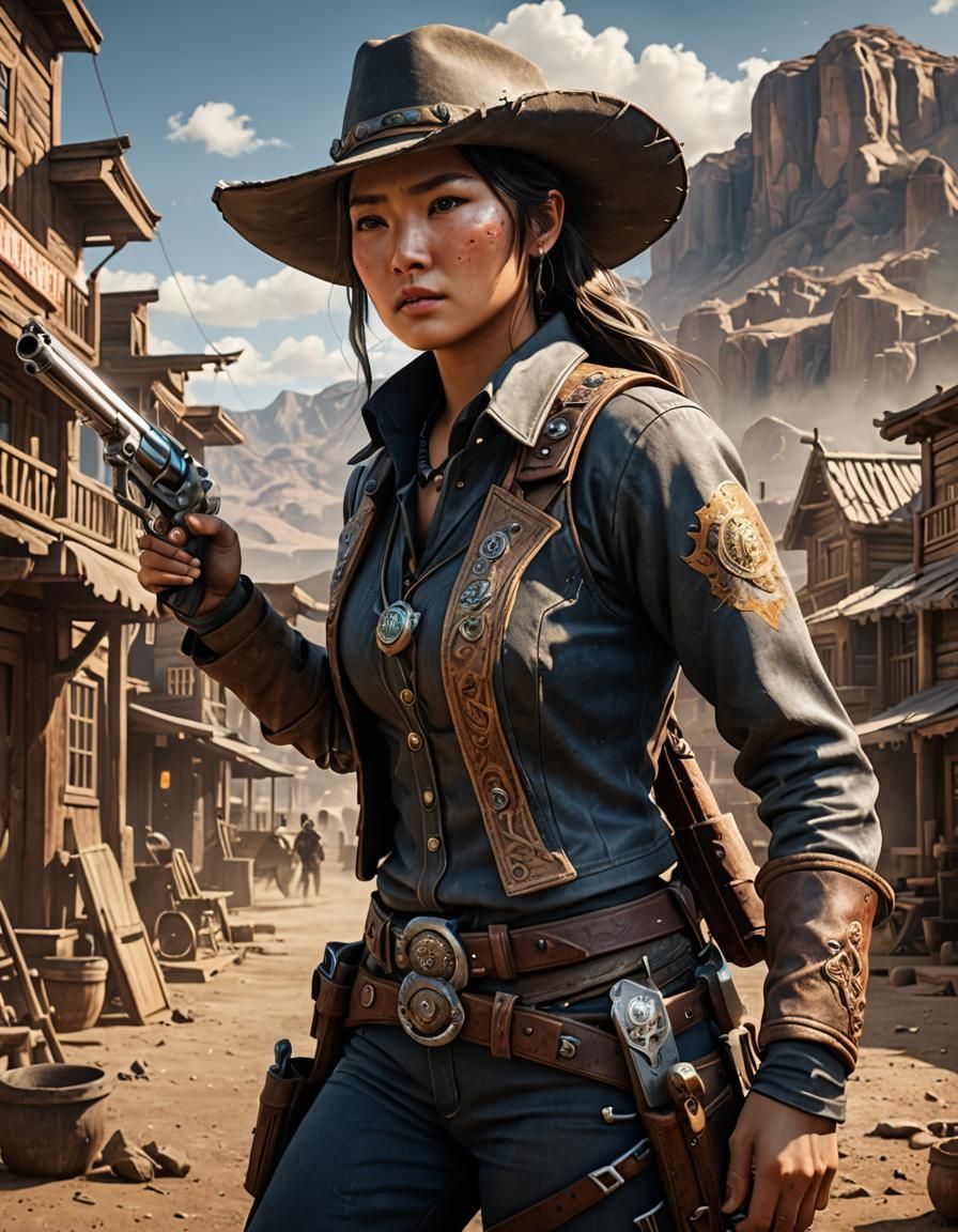 Asian Female Gunslinger in Wild West Epic 3D Videogame Cinem...