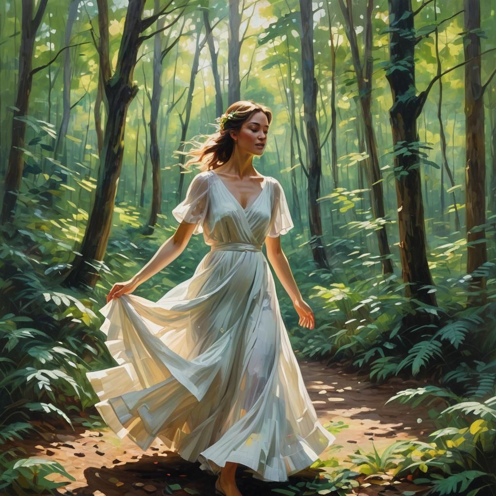 Woman Dancing in Forest: An Impressionist Oil Painting