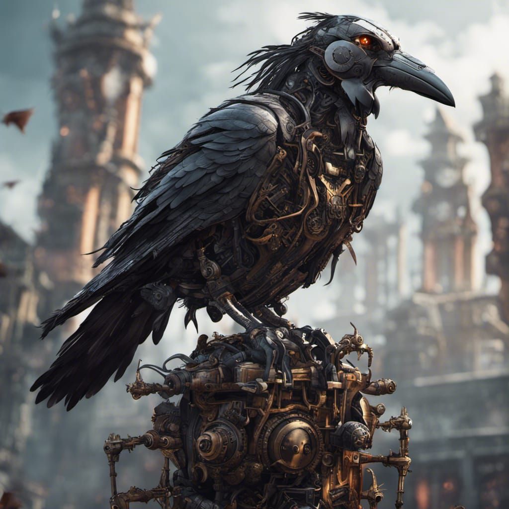 Epic Robotic Crow in Detailed Matte Painting