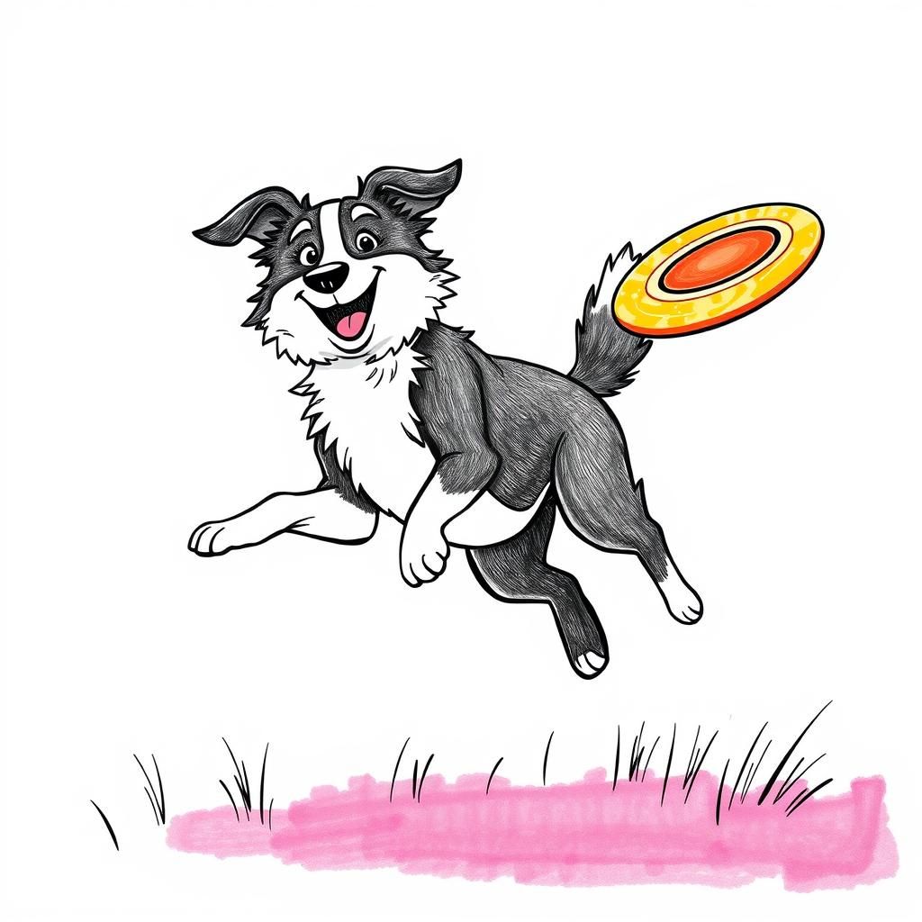 Playful Border Collie Leaping for Frisbee Illustration