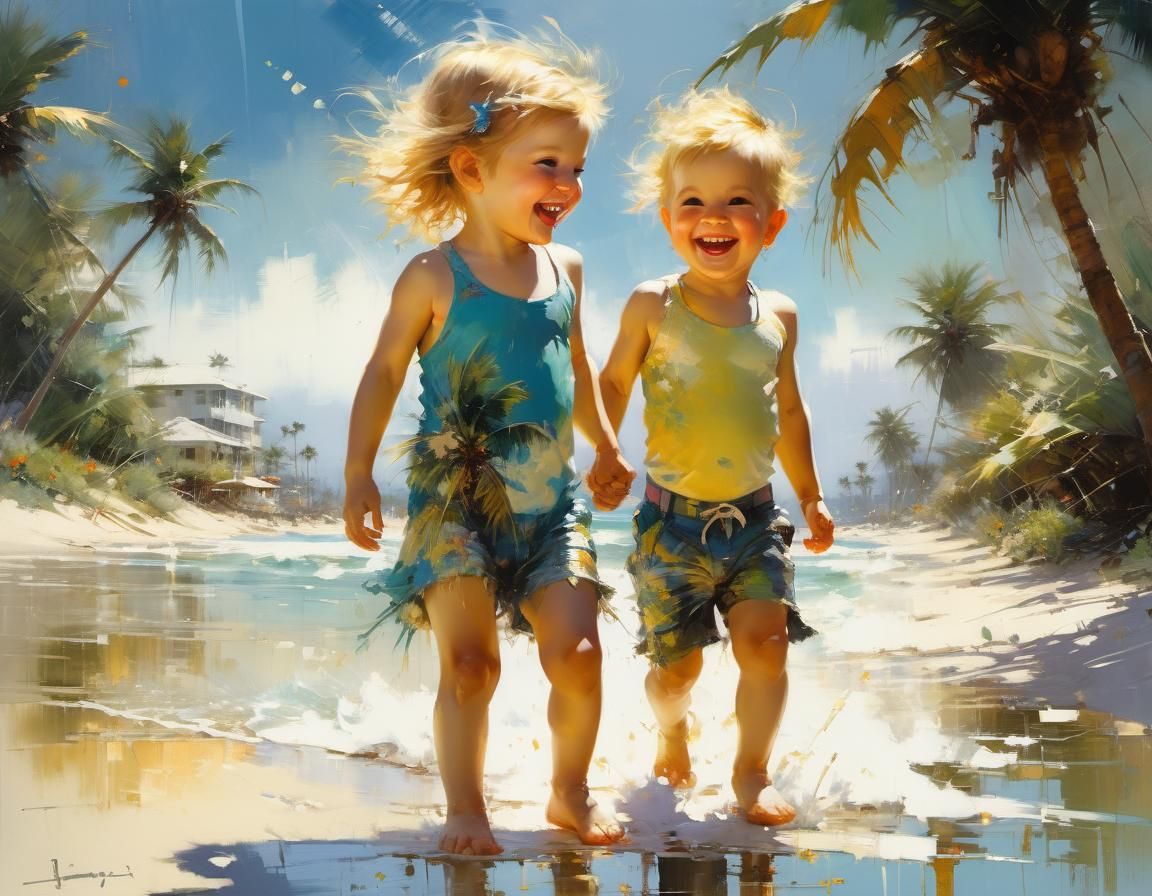 Tropical Beach with Joyful Toddlers in Fine Art Style