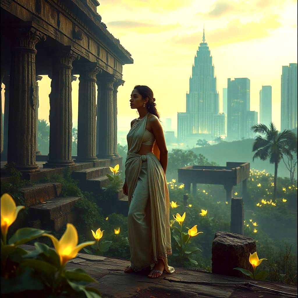 Futuristic Sari Woman in Ancient Temple Ruins