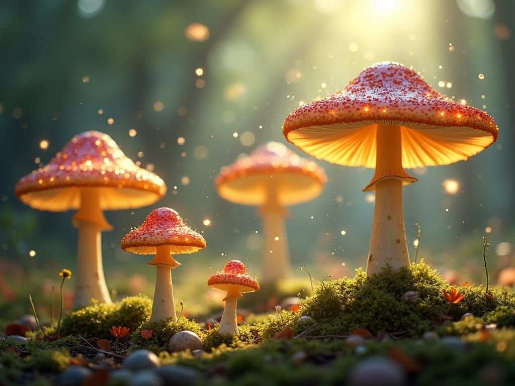 Whimsical Dancing Mushrooms in Enchanted Fairy Forest