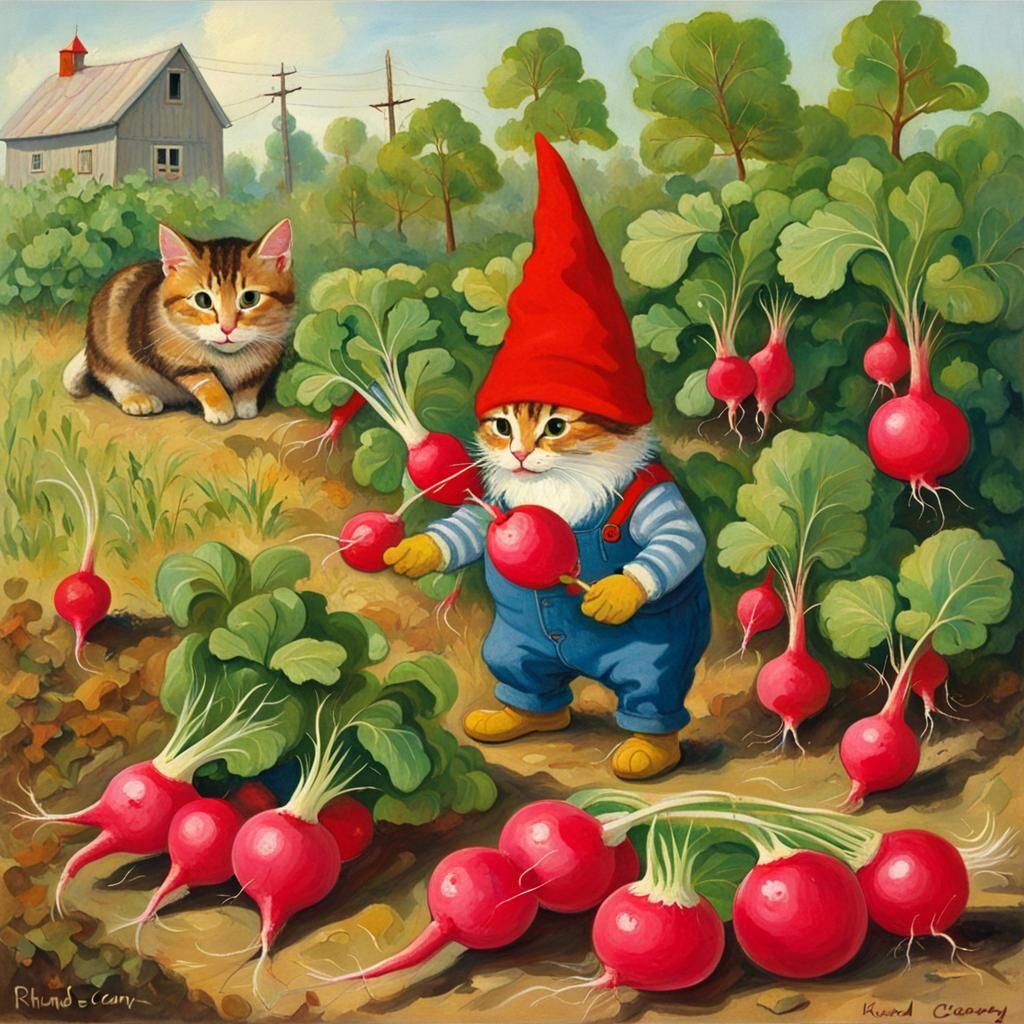 Cat-Gnomes Harvesting Radishes as Oil Painting