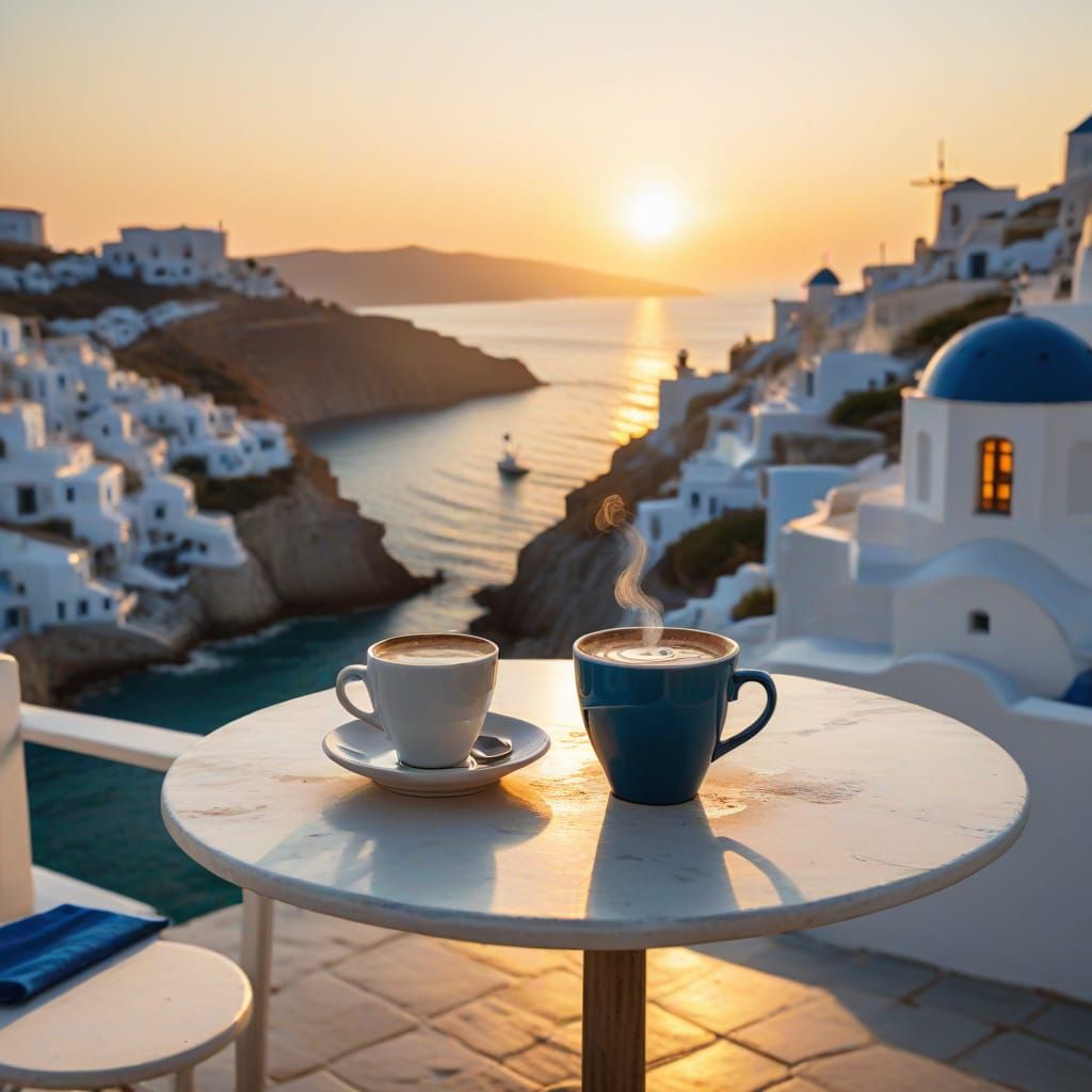 Sunset Coffee in Coastal Greek Village Setting