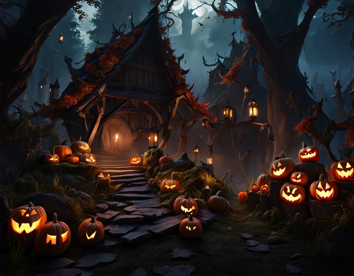 Haunted Medieval Village in Dark Forest, Detailed Matte Pain...