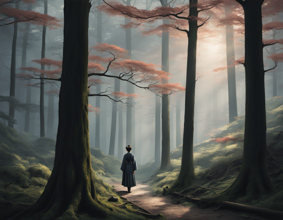 Ethereal Forest Figure in Utamaro Kitagawa Woodblock Style