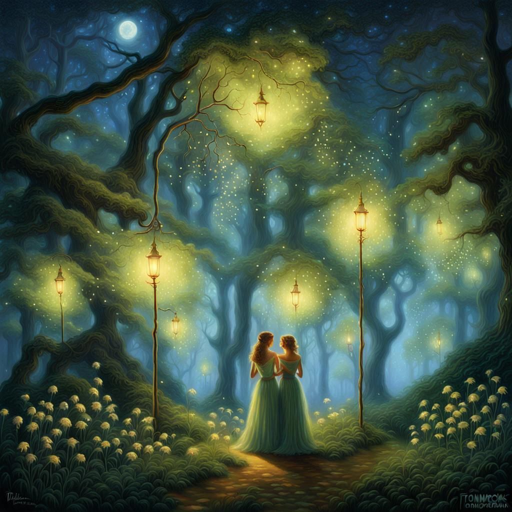 Ethereal Forest Nymphs Collecting Fireflies at Night