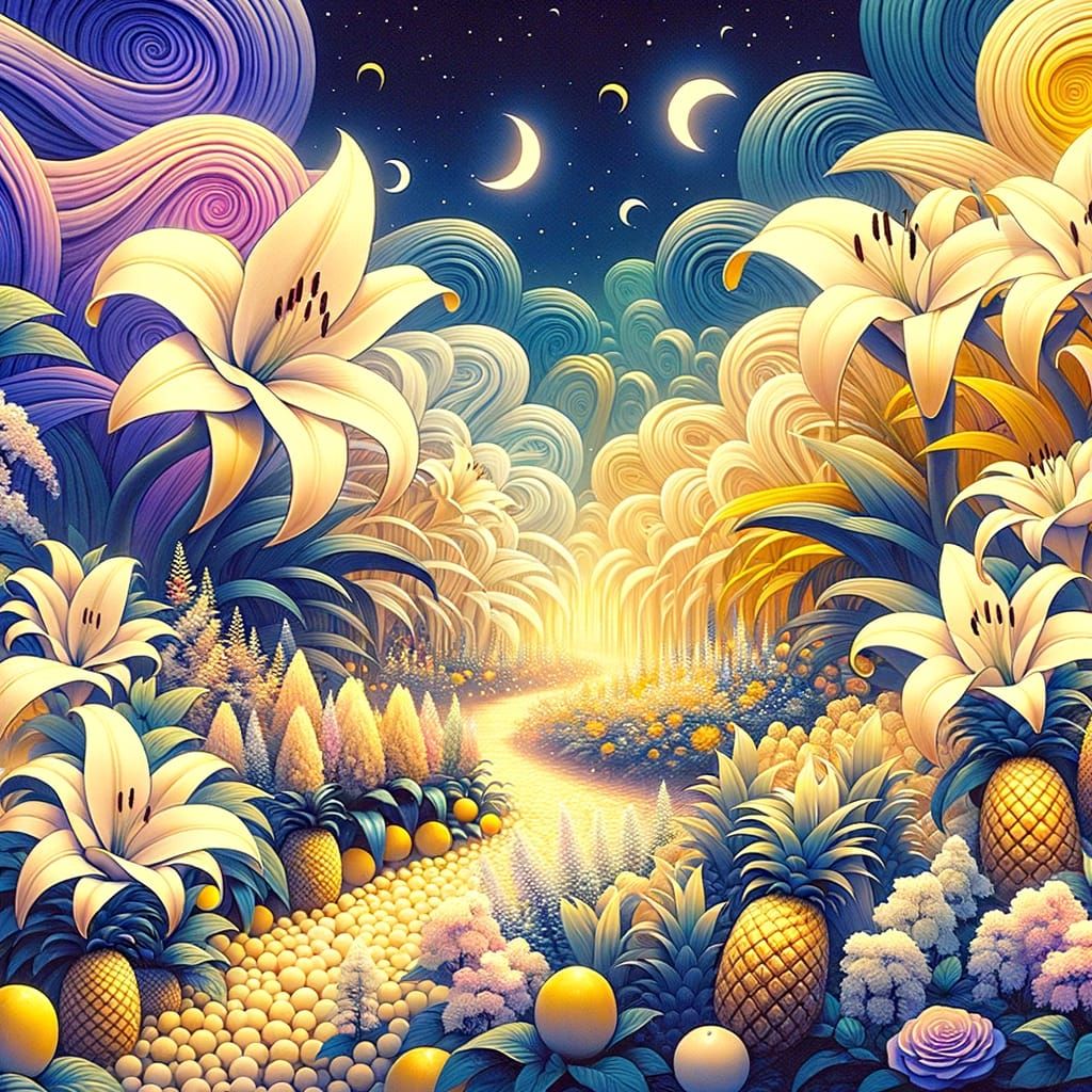 Romantic Garden Under Night Sky with Lilies