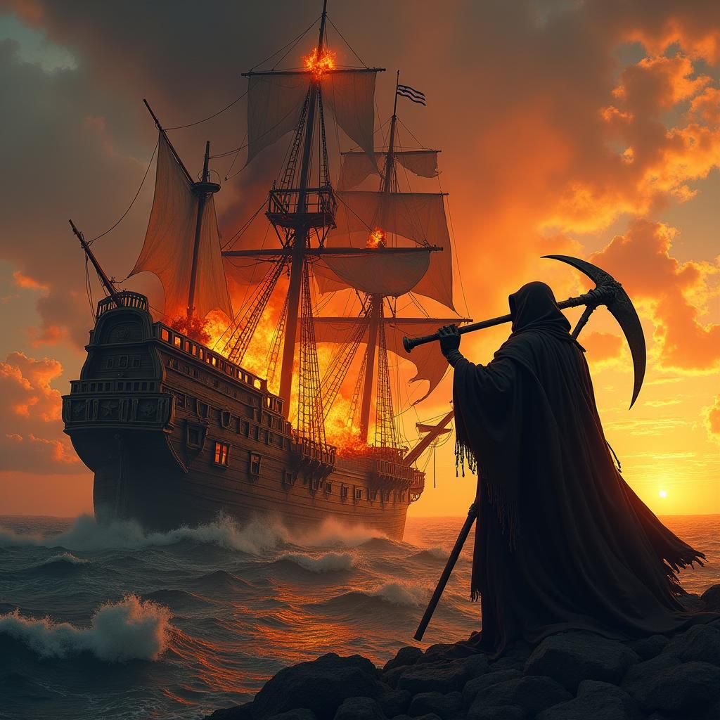 Grim Reaper Signals End on Burning Pirate Ship