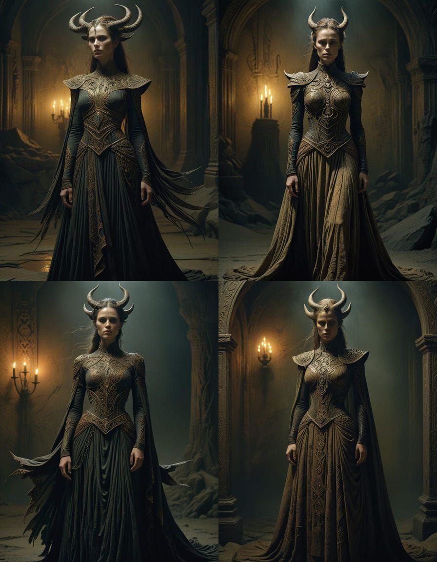 Demon Queen in Ornate, Earthy-Toned Regalia