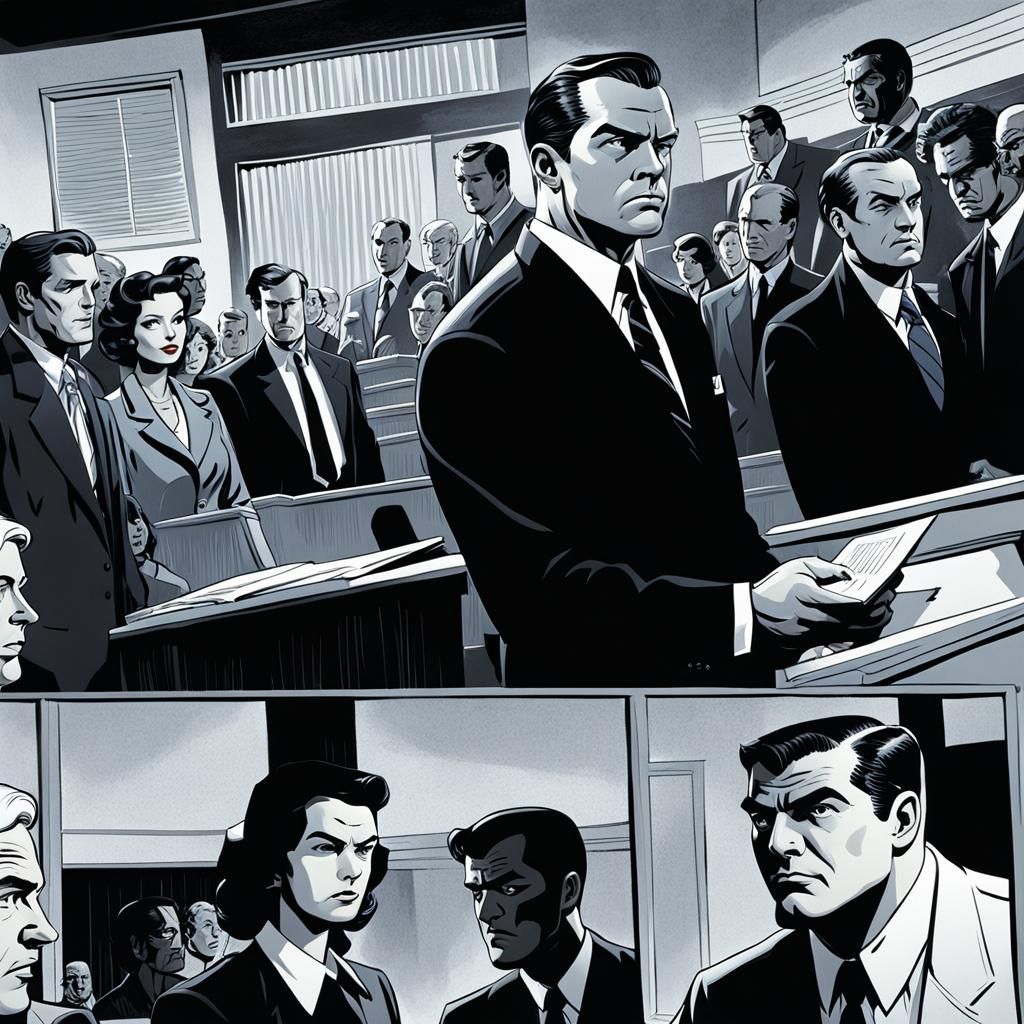 Polygamist Lawyer in Courtroom, Comic Book Illustration