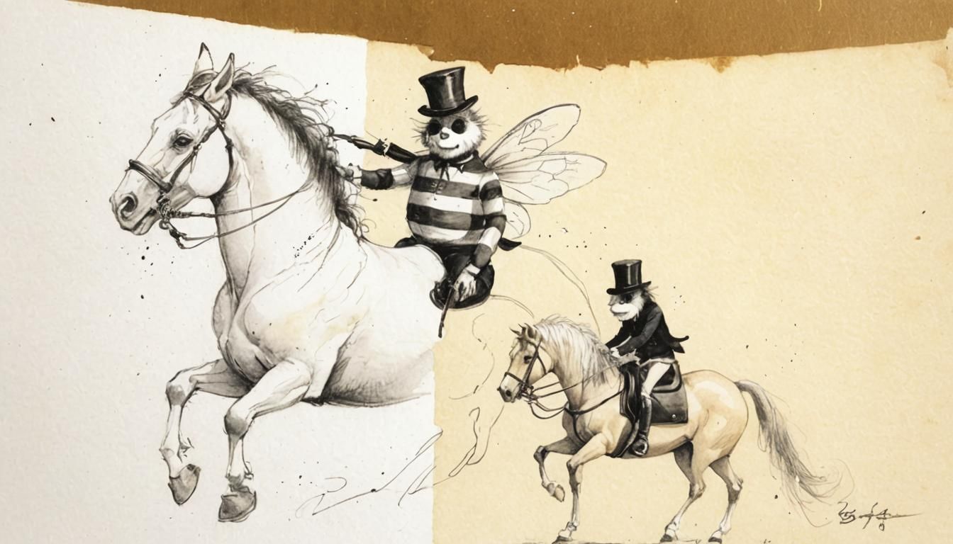 Bumblebee Gentleman Rides Horse in Whimsical Style