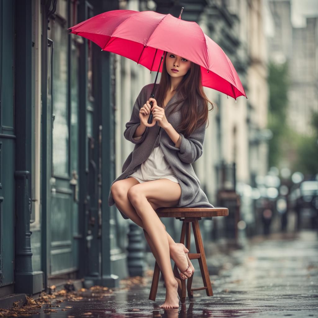 Young Woman with Umbrella in Hand