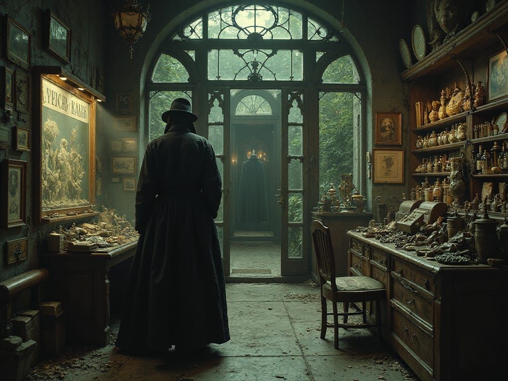 Sinister Shopkeeper in Gothic Horror Style
