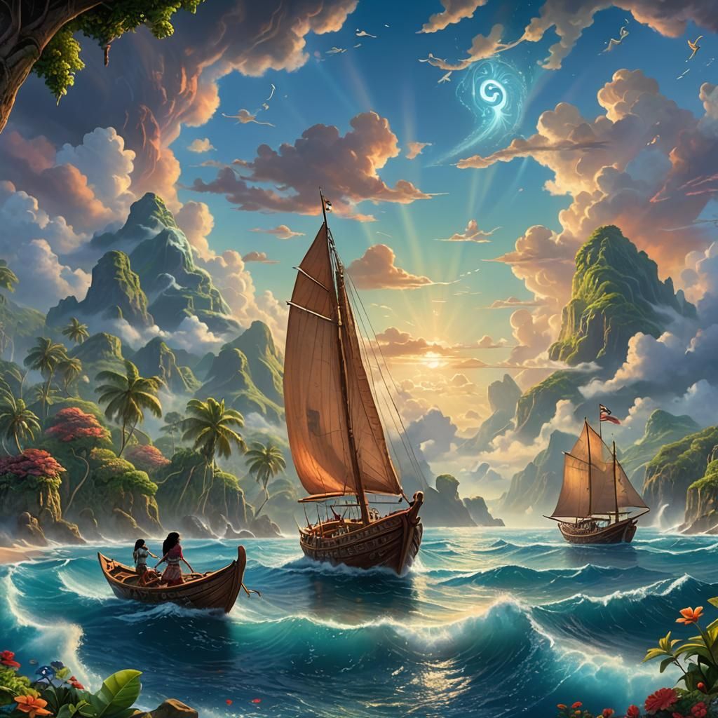 Moana on a Boat in Ethereal Fantasy Style