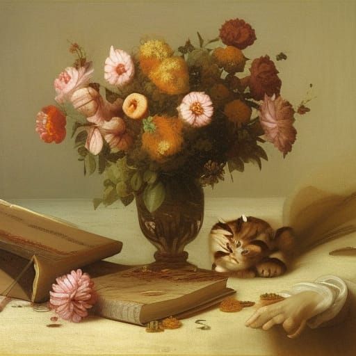 Tabby Kitten Amongst Books in Renaissance Style