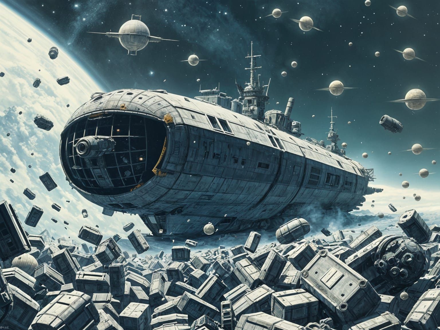 Surreal Cosmic Dreadnought, Beneath a Sky of Floating Debris