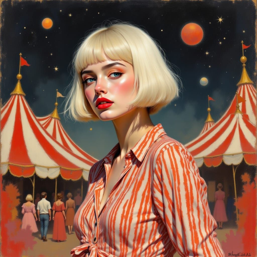 Woman in Striped Shirt Under Red Moons