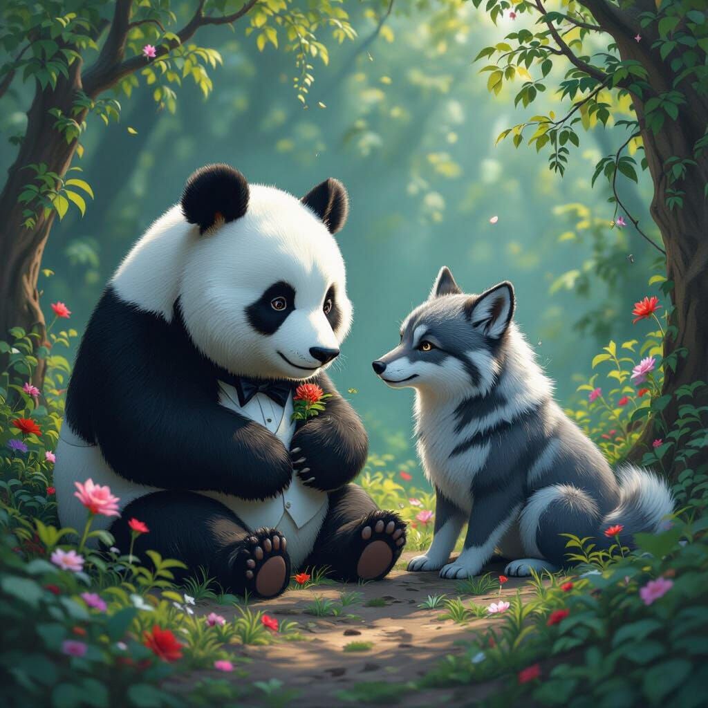 Panda and Wolf Wedding in Enchanted Forest