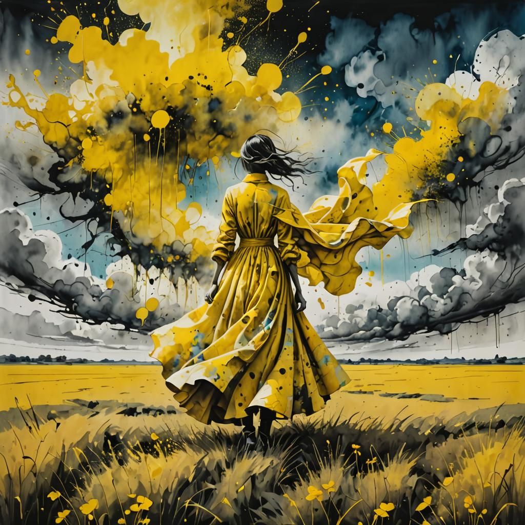 Woman in Yellow Fabric with Ink Splatter Clouds