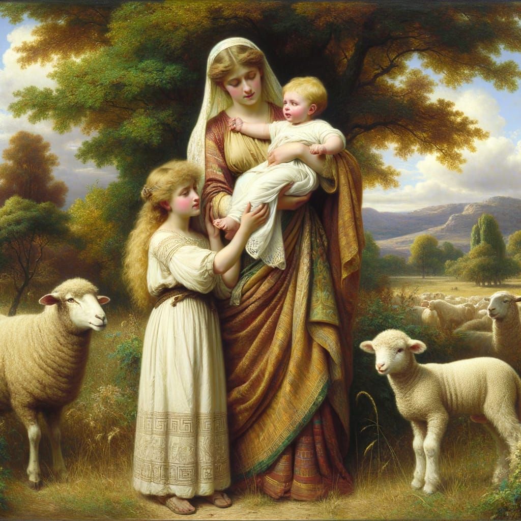 Nymph and Children with Lamb in Bouguereau Style