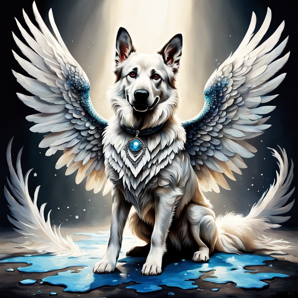 Surreal Diamond-Winged Dog: A Maximalist Impasto Painting