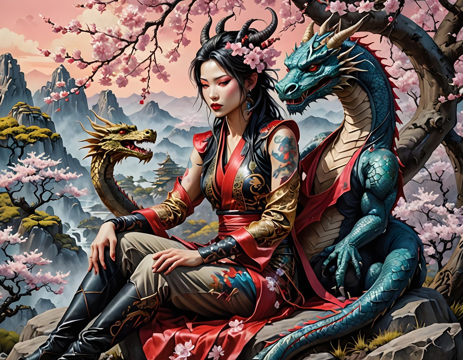 Dragon Tamer Meditating in Surreal Landscape