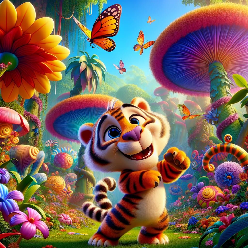 Colorful Jungle Scene with Playful Tiger Cub