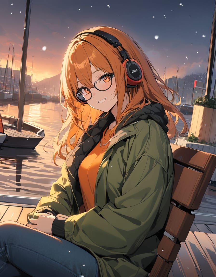 Modern Winter Harbour Scene with Relaxed Young Woman