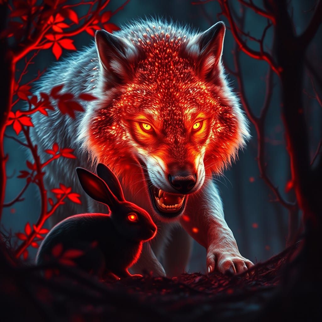 Wolf in Fiery Splendor Hunts its Prey in a Burning Forest