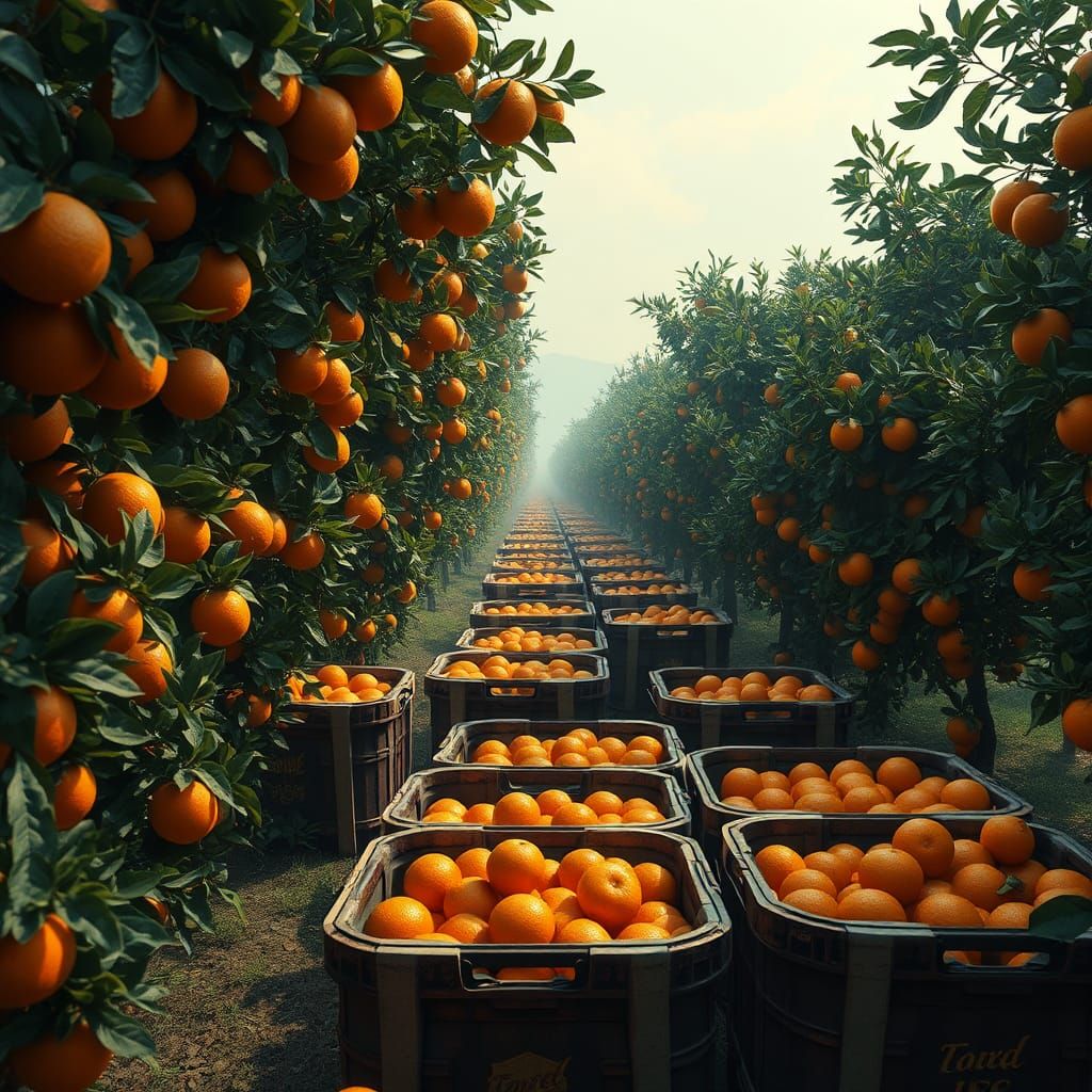 Lush Orange Orchard: Detailed Matte Painting