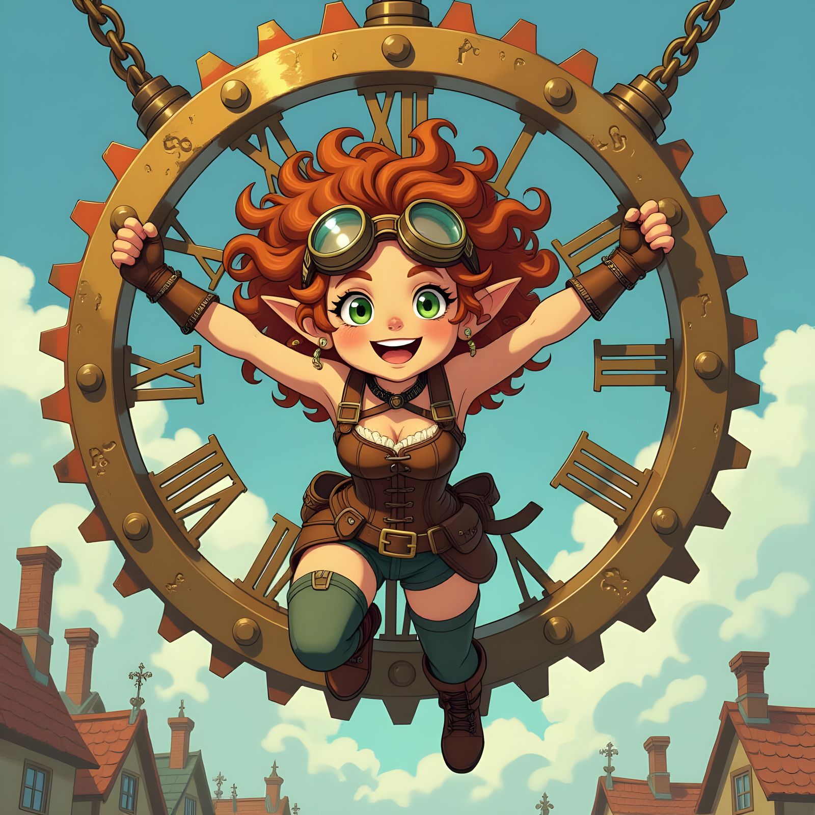 Halfling Tinkerer Soaring on Giant Gear in Cartoon Style