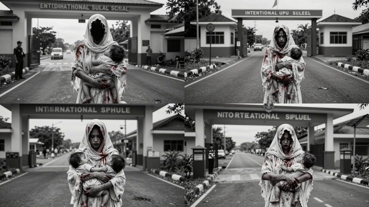 Cinematic Horror: Bloodied Woman Holds Baby Before School
