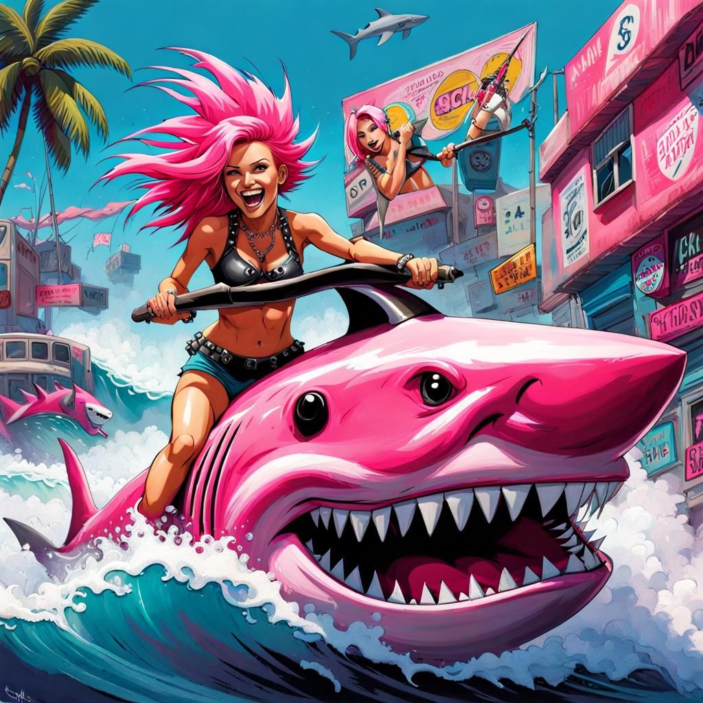 Punk Girl Rides Smiling Shark in Graffiti Art