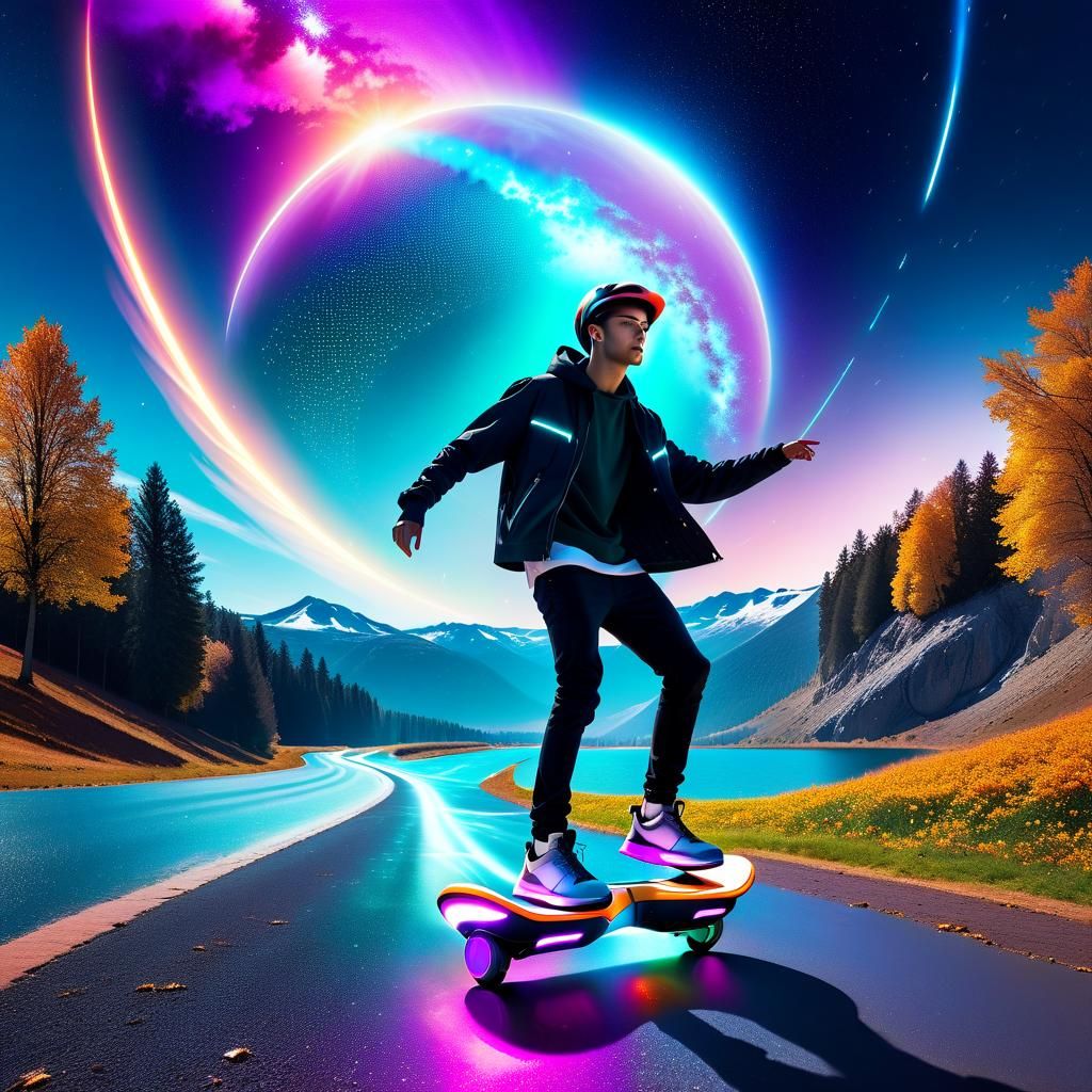 Teen on Hoverboard Between Fall and Spring