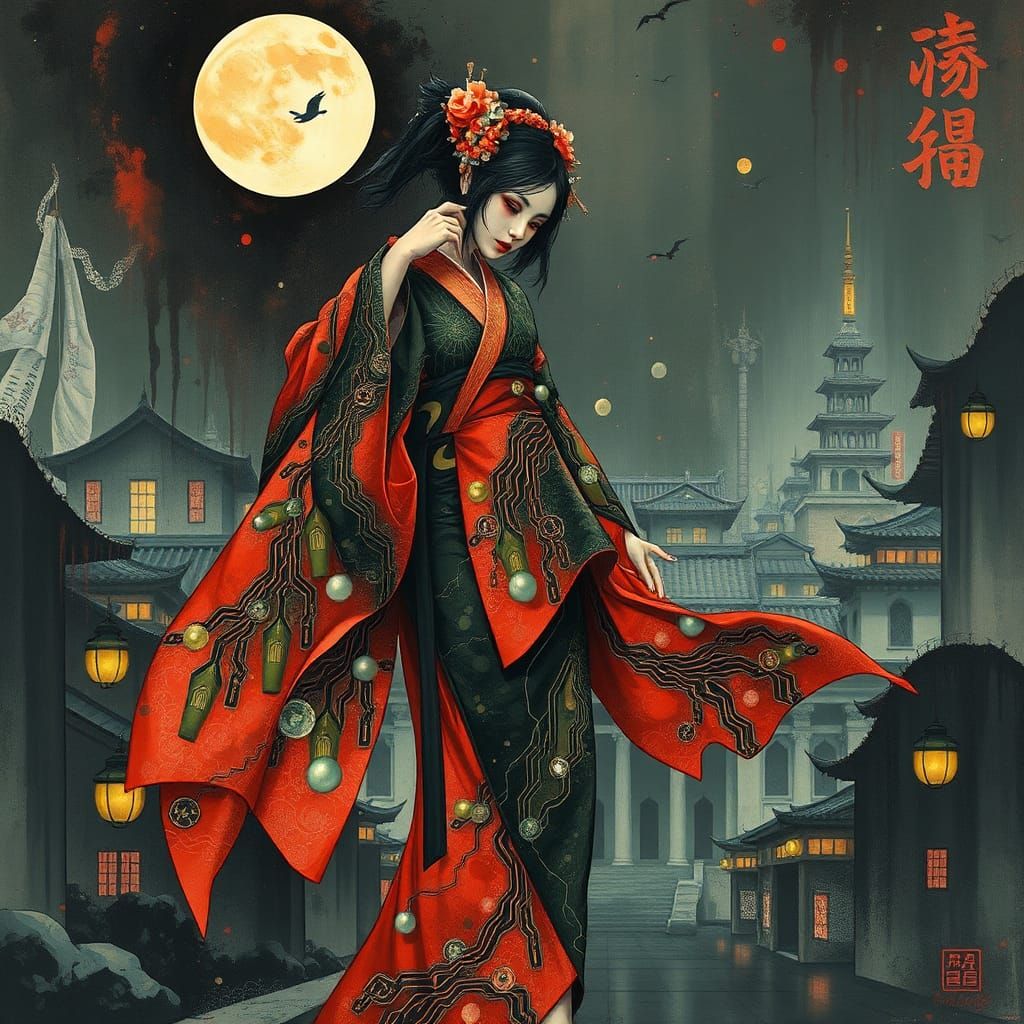 Cyborg Geisha in Surreal Japanese Cityscape