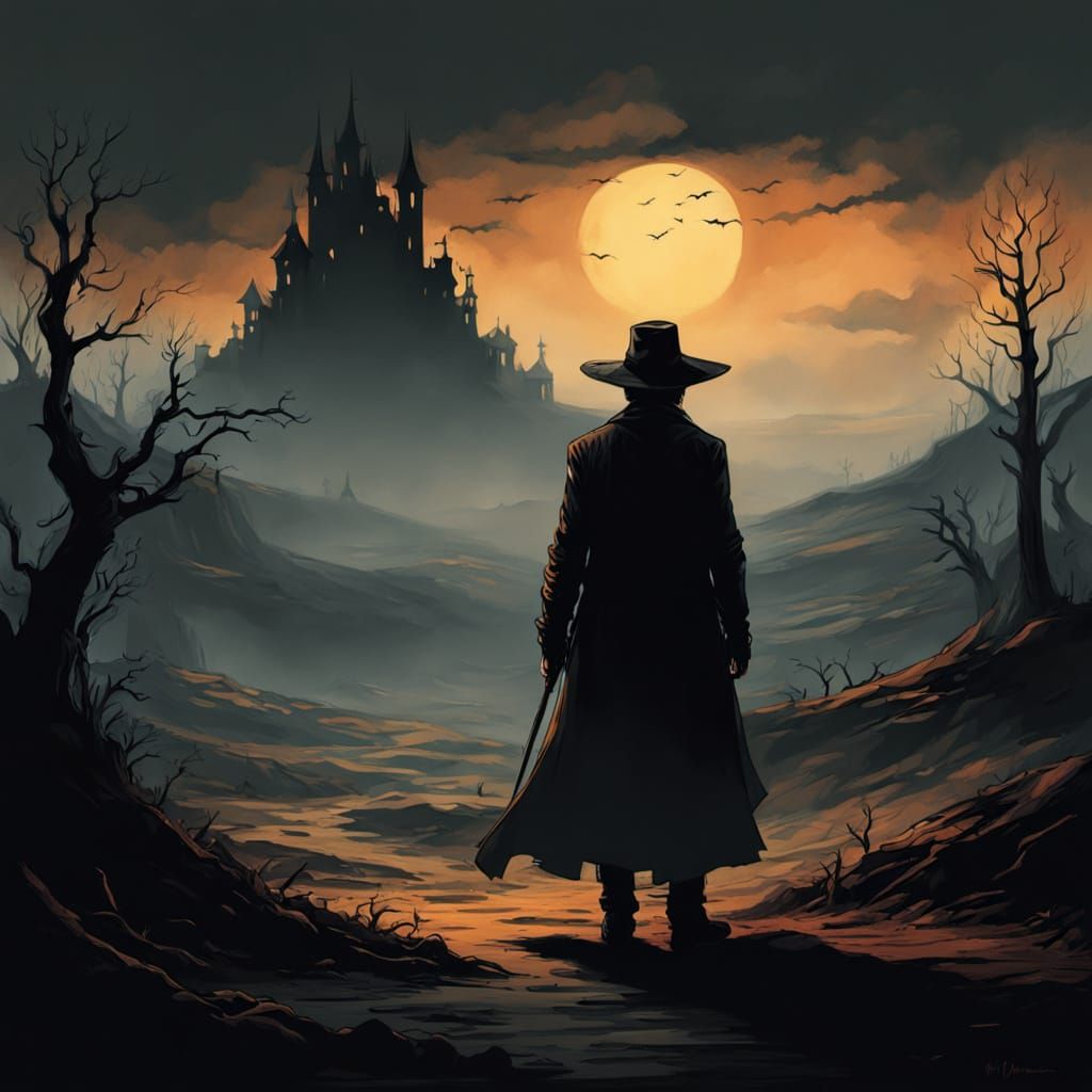 Mysterious Stalker in Windswept Landscape: Dark Fantasy Art