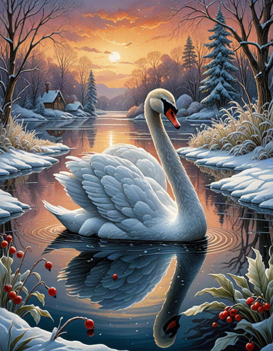 Ethereal Winter Swan in Art Nouveau Style