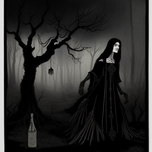 woodcut, linocut, relief print. earthen toned cursed gypsy caravans hidden deep in the smoky woods. Gypsy campground. Ro...