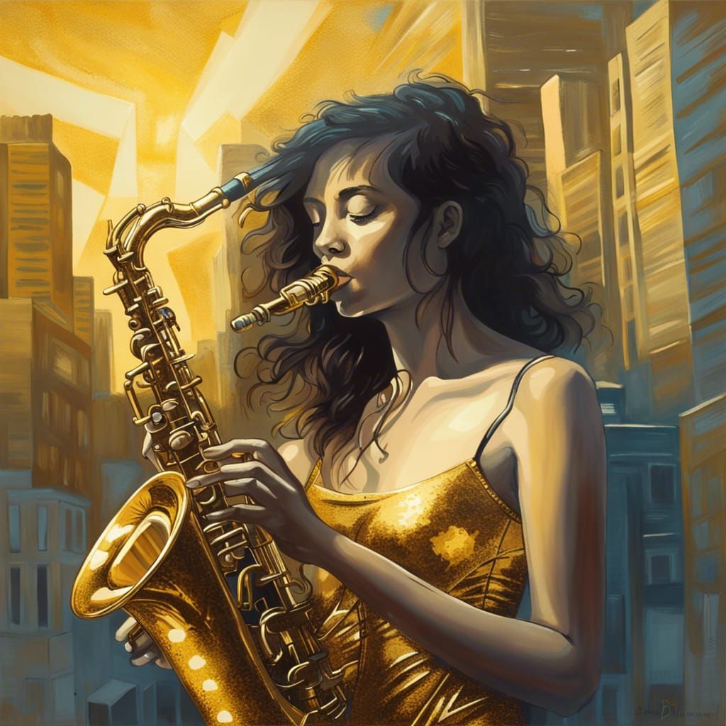 Golden Saxophone Player in New Orleans: Fine Art