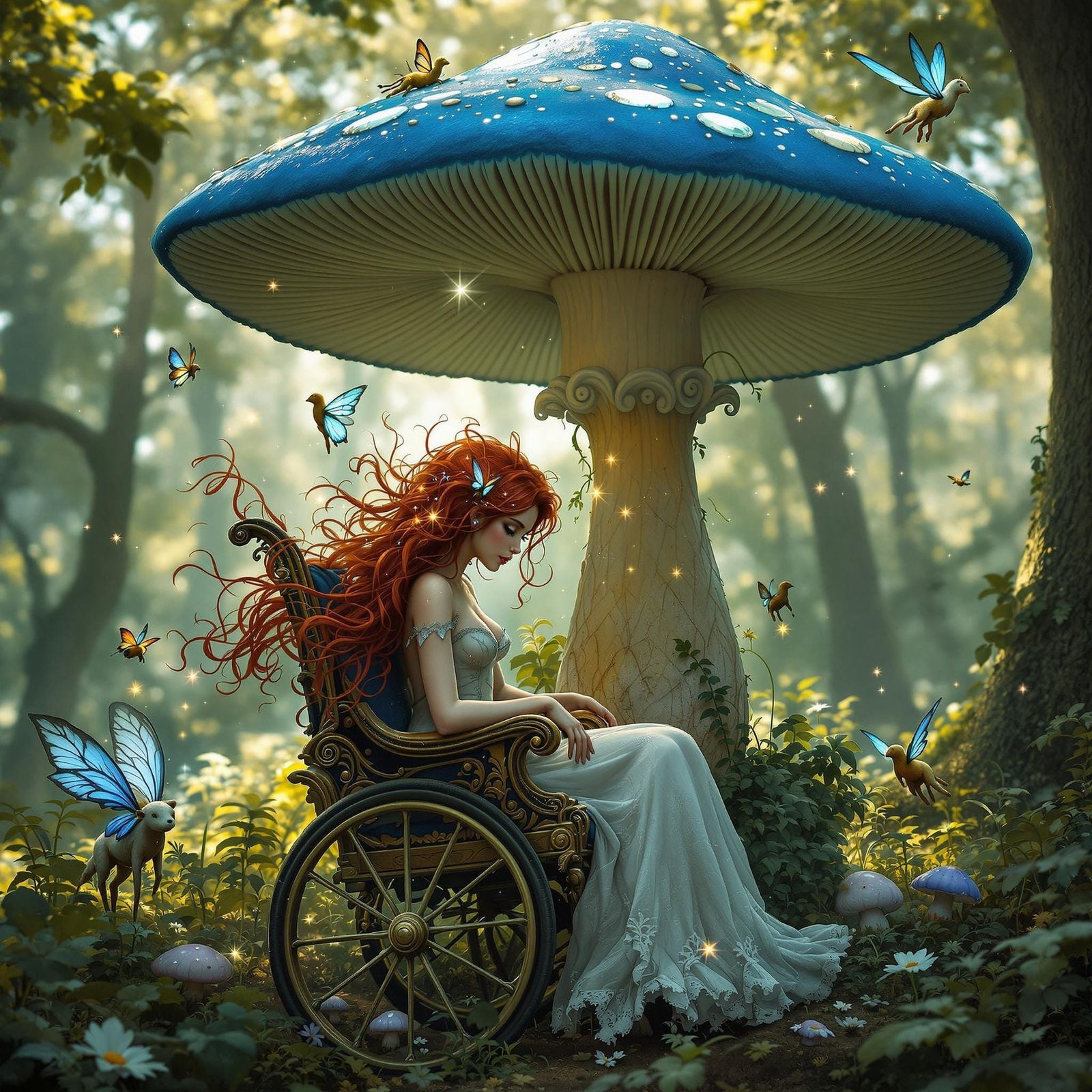 Whimsical Fairy in Victorian Wheelchair with Fireflies and F...