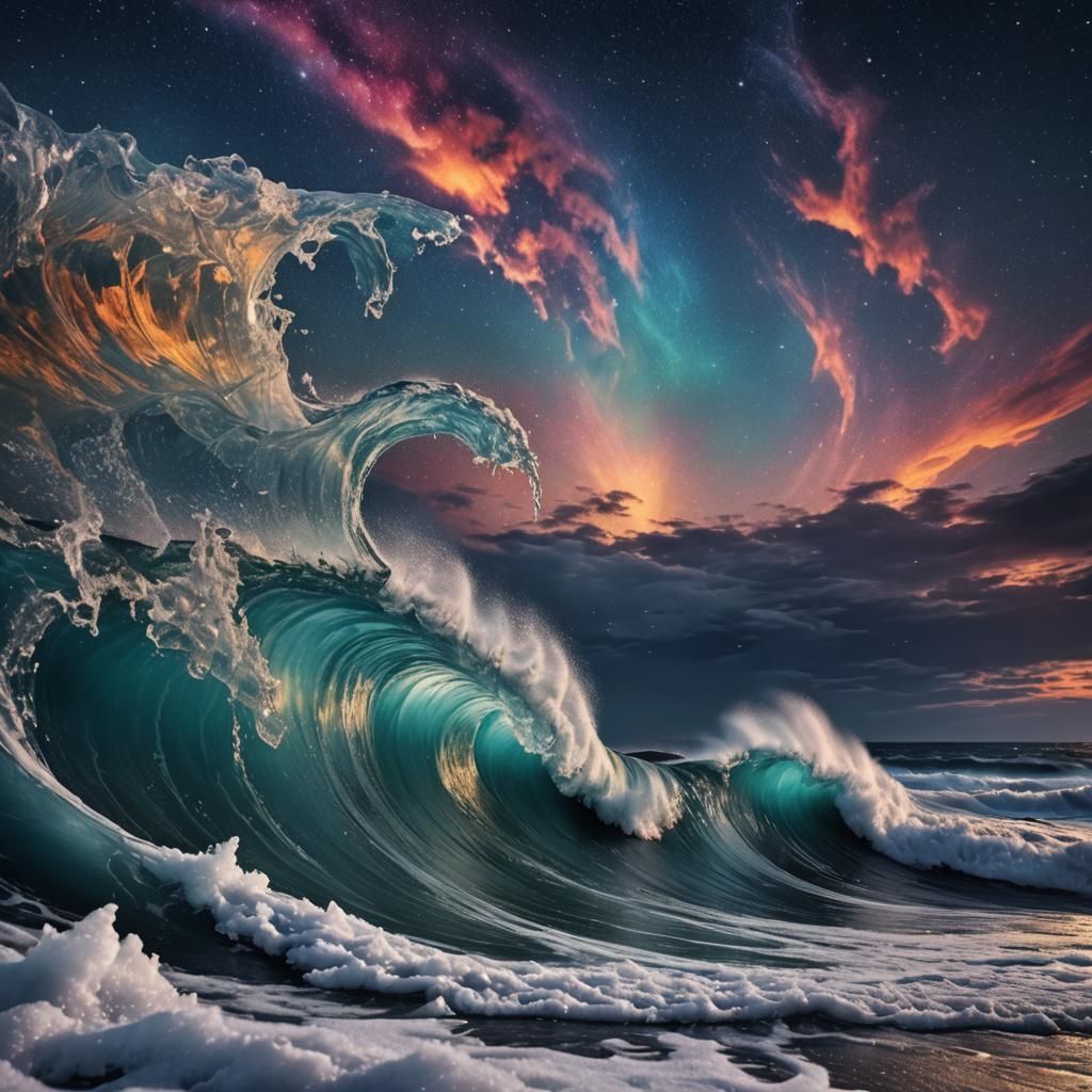 Frozen Colorful Ocean Wave Under Night Sky