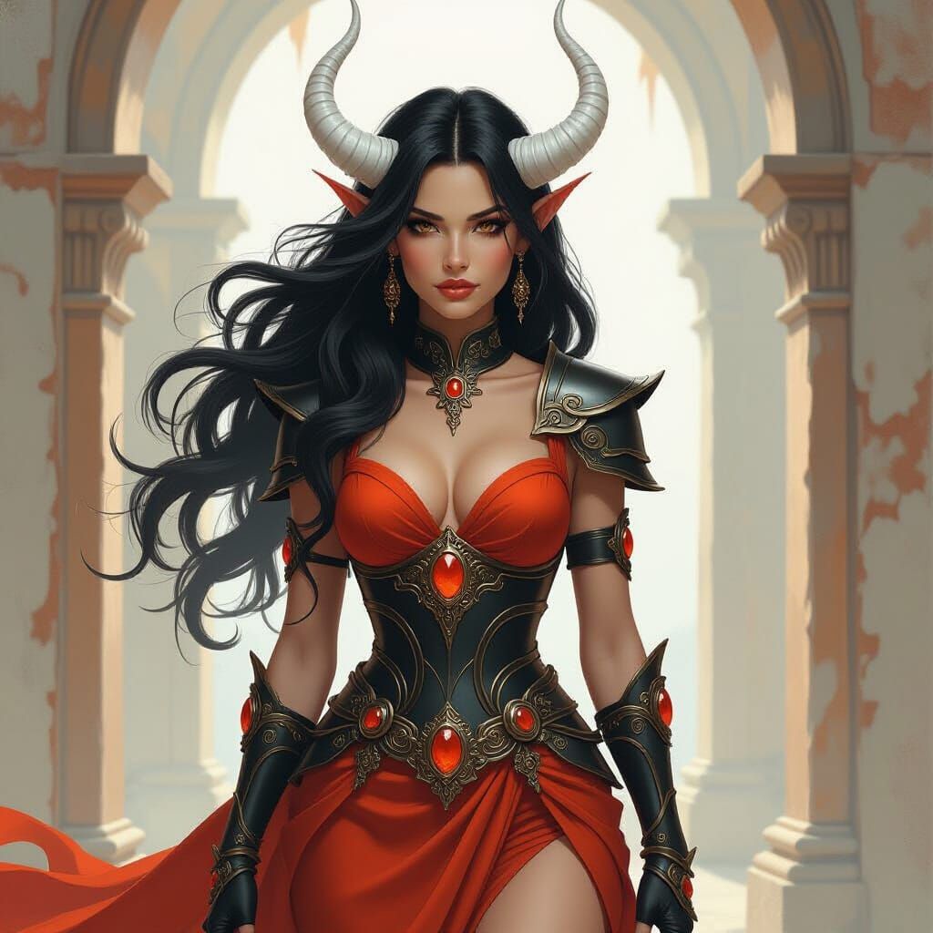 Tiefling Woman in Fantasy Landscape, Oil Painting Style