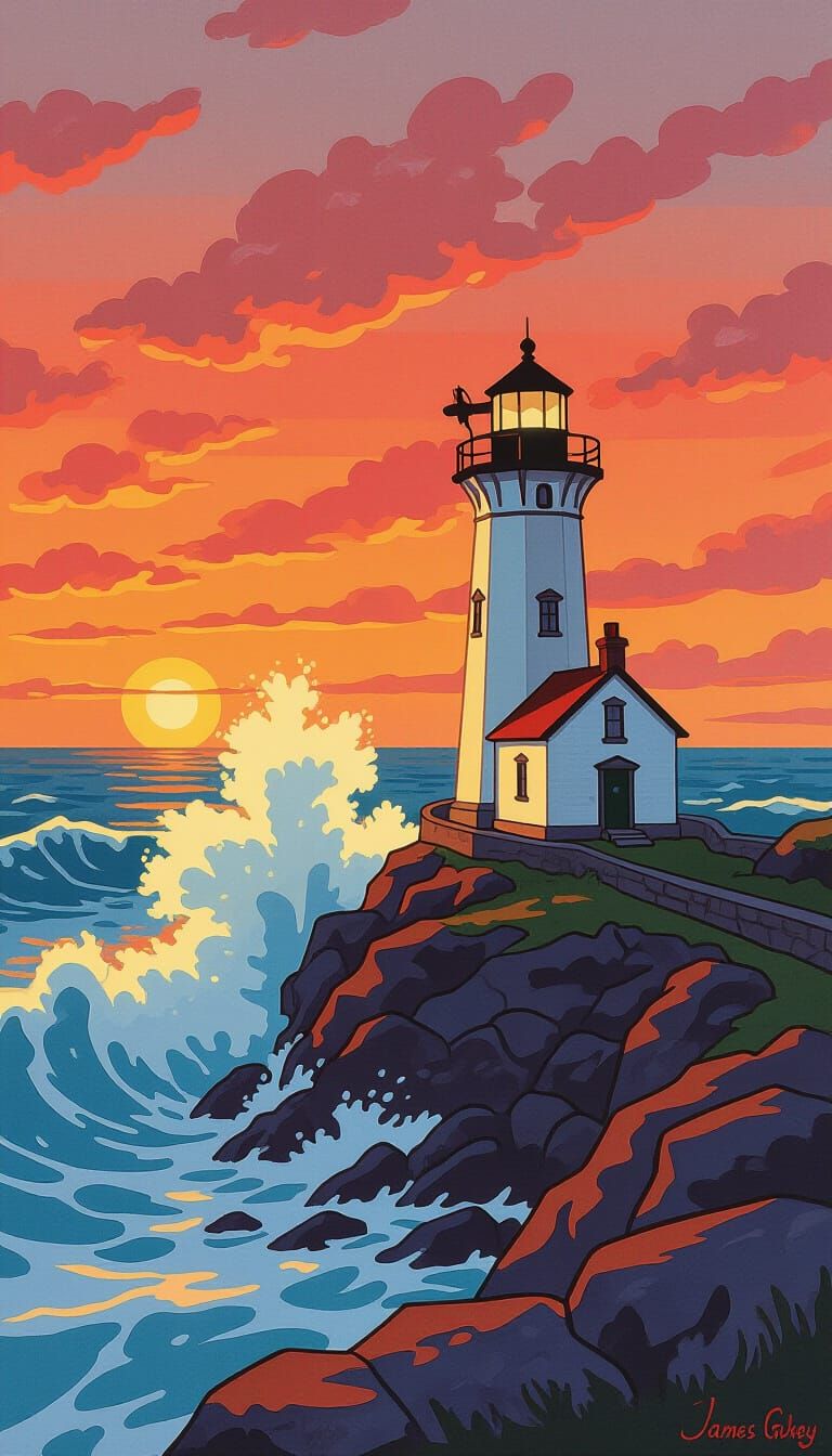 Dramatic Lighthouse Sunset in Oil Painting Style