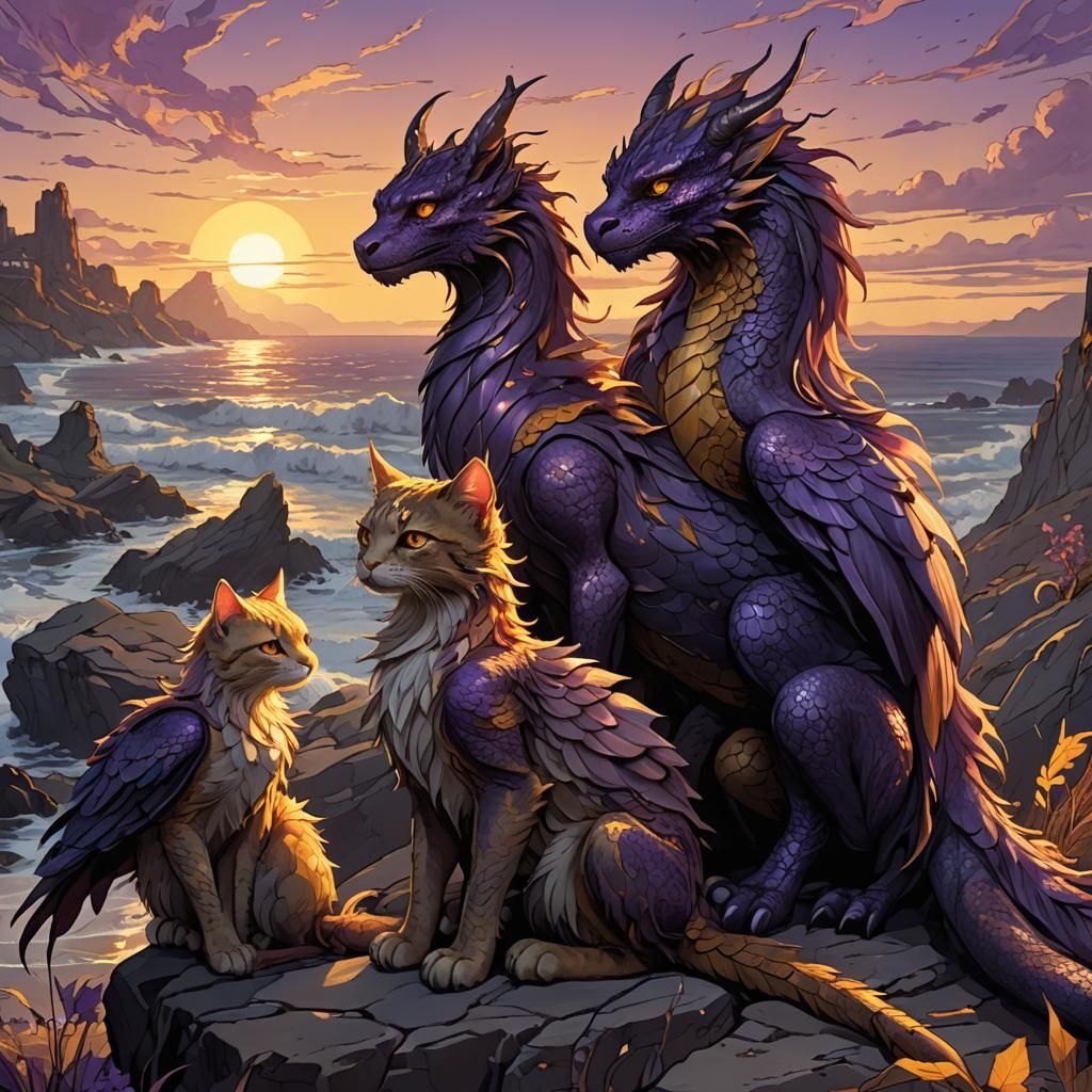 Feathered Dragon Kitty and Children at Dawn