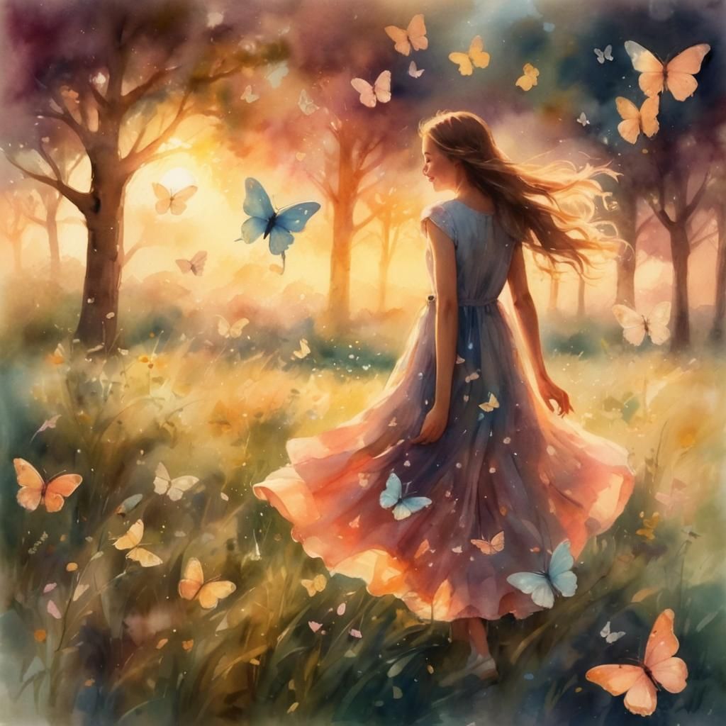 Girl Chasing Butterflies in Watercolor Meadow