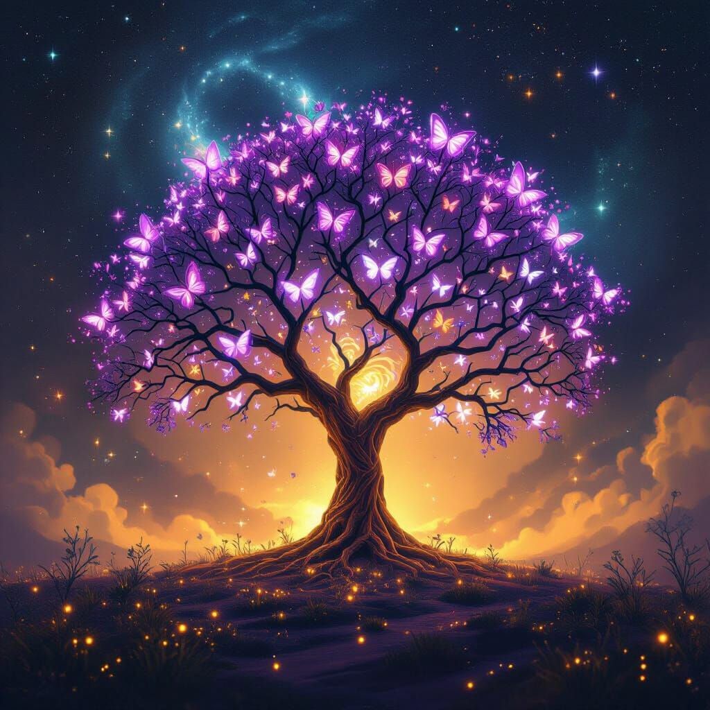 Violet Fractal Tree in Cosmic Amber Mist