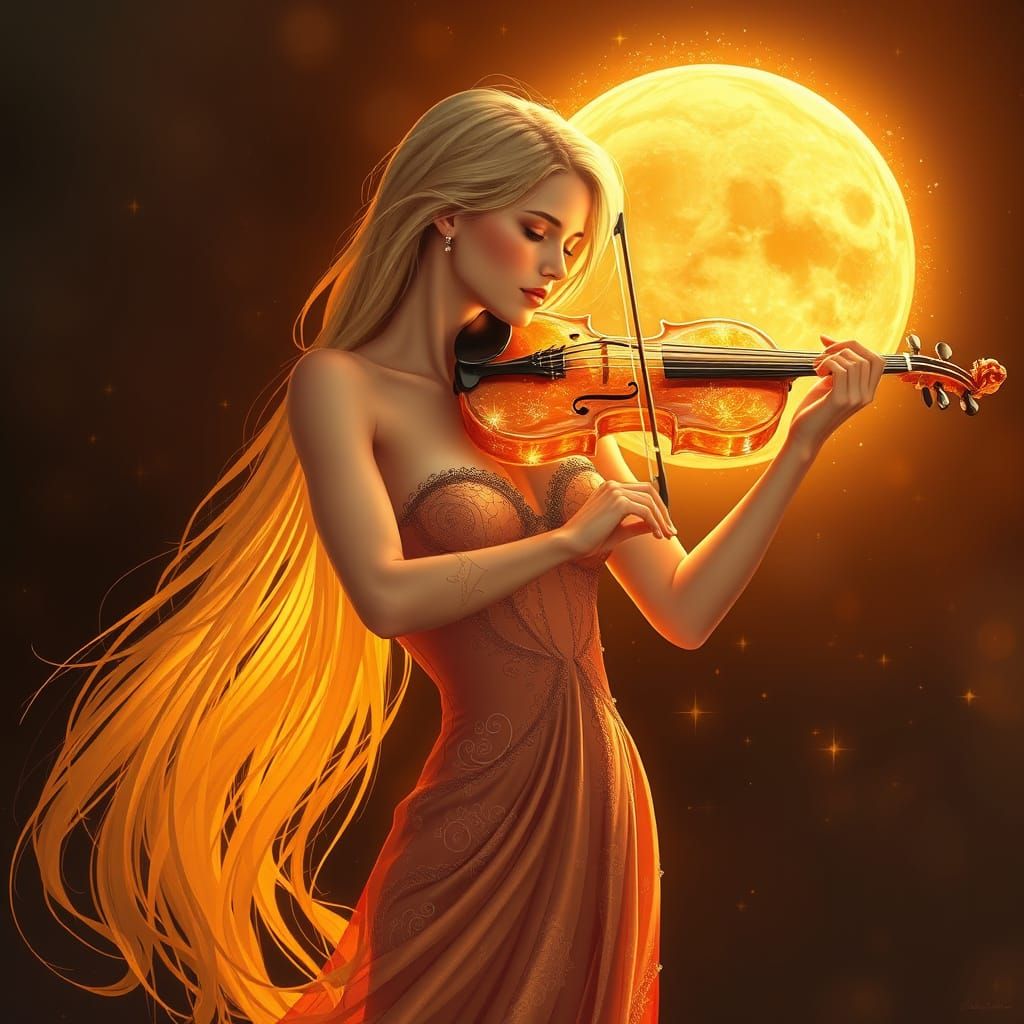 Ethereal Violinist in Shimmering Gown, Bathed in Golden Ligh...