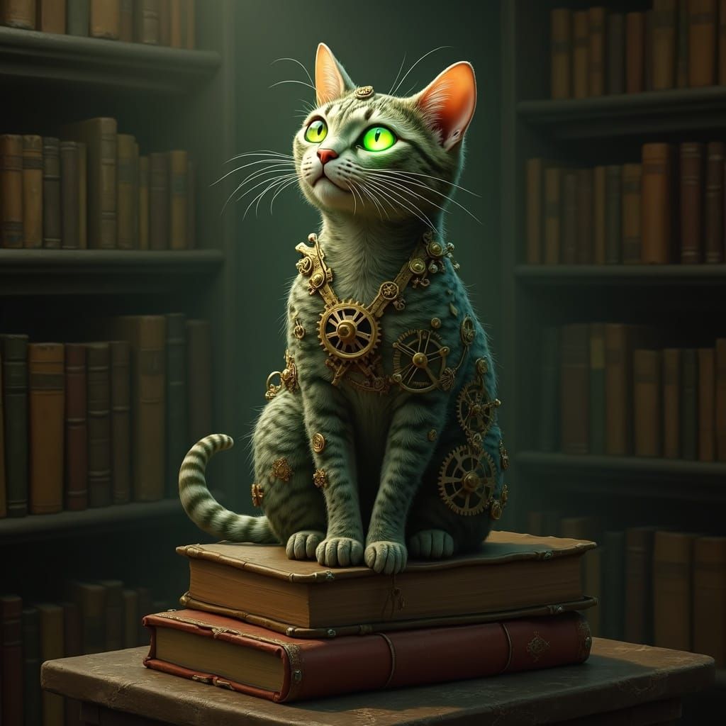 Surreal Clockwork Cat on Books in Enchanting Library